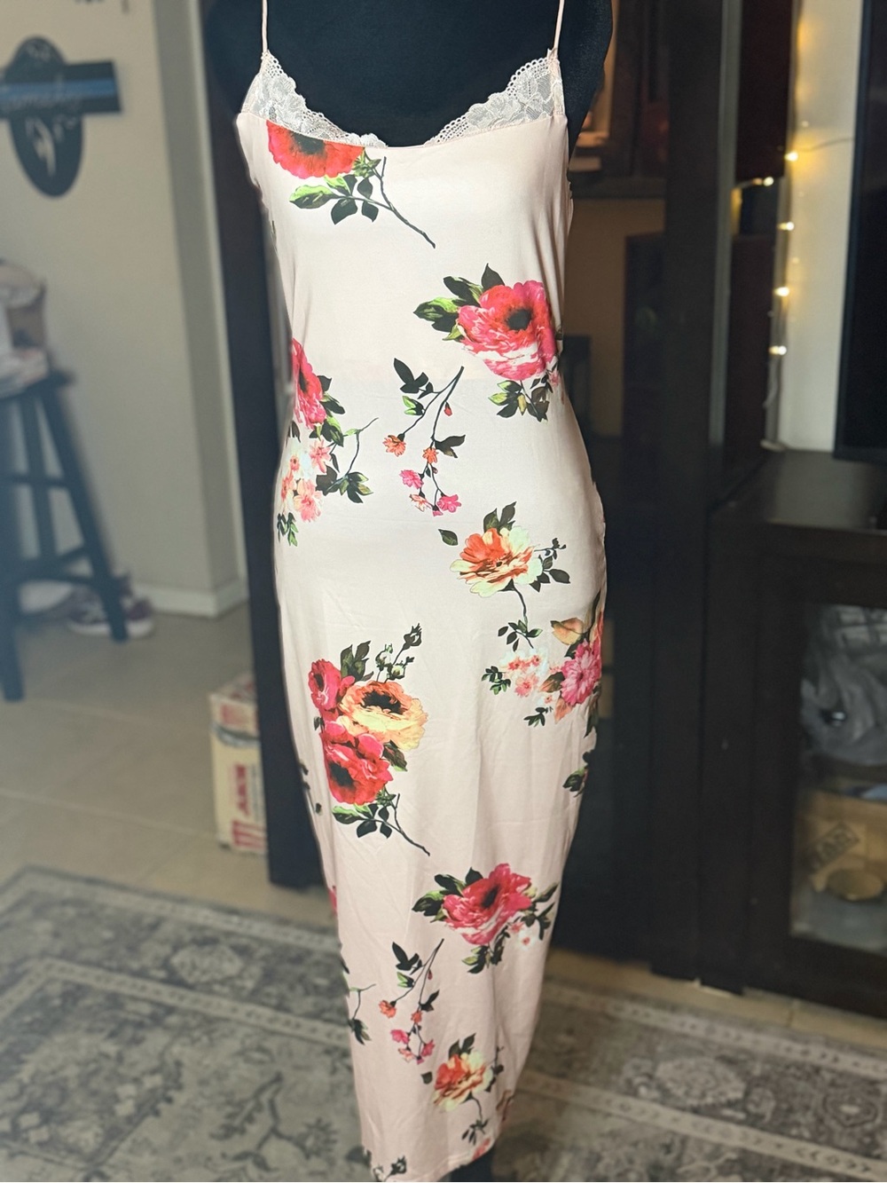 Floral Midi Slip Dress in Blush Pink with Lace Trim